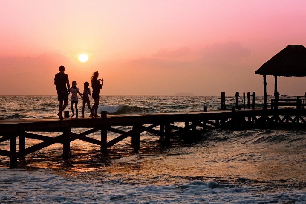 family, pier, man, woman, children, nature, happy, holiday, silhouette, sunrise, dock, beach