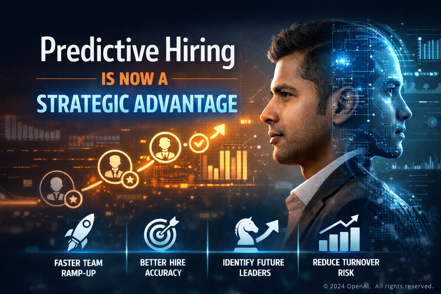Infographic showing predictive hiring as a strategic advantage, featuring a business professional with AI data overlay, recruitment analytics icons, and benefits like better hire accuracy and reduced turnover risk.