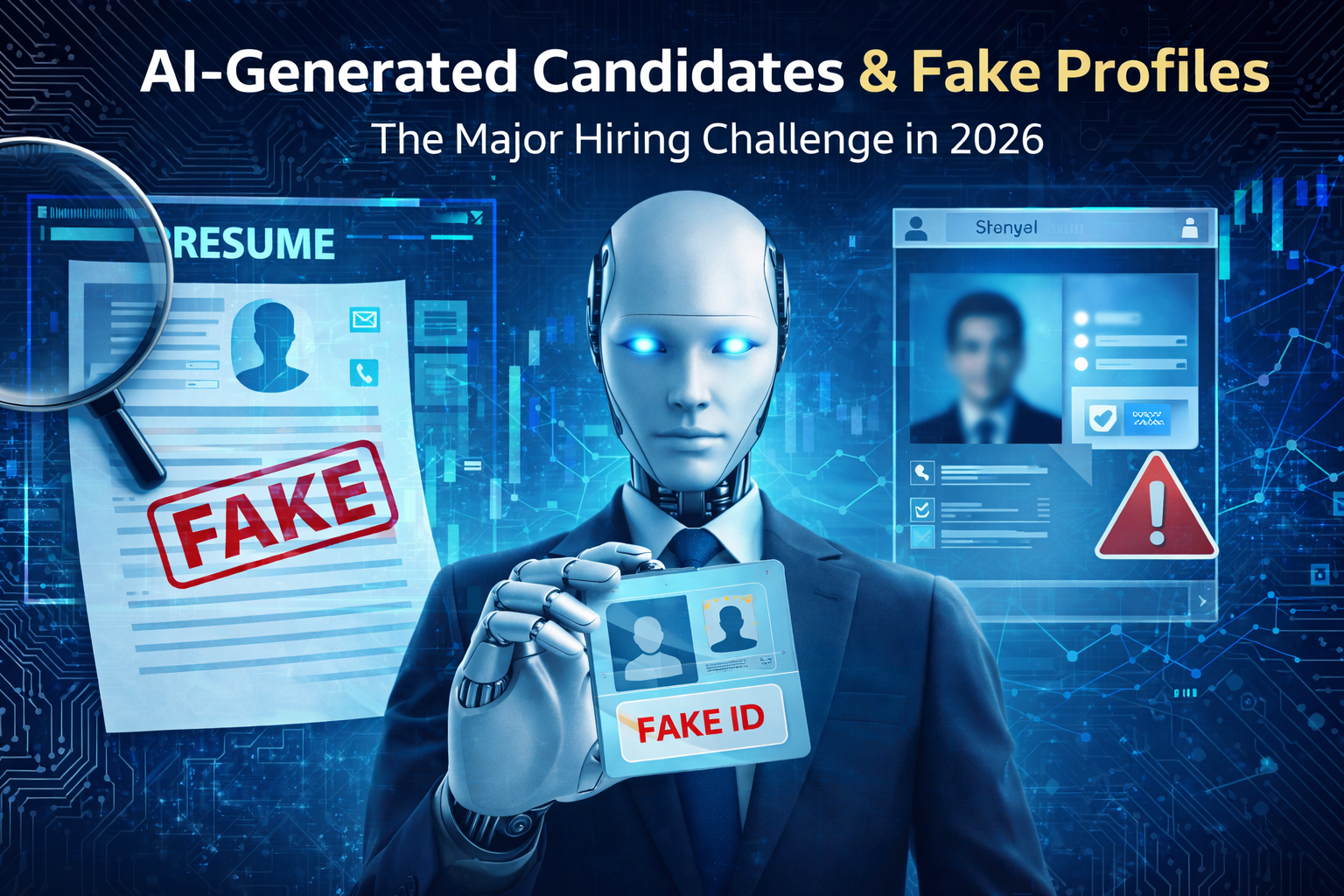 AI-generated candidate holding fake ID with fake resume and suspicious profile highlighting recruitment fraud and hiring risks in 2026