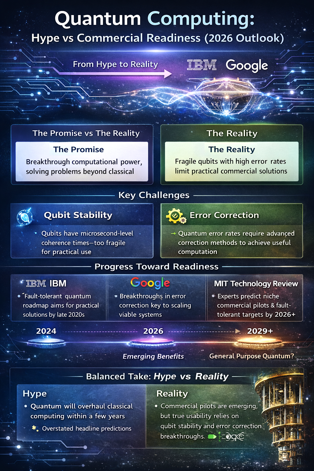 Infographic titled “Quantum Computing: Hype vs Commercial Readiness (2026 Outlook)” comparing hype vs reality, highlighting qubit stability challenges, error correction progress, commercial pilots, and insights from IBM, Google, and MIT Technology Review.