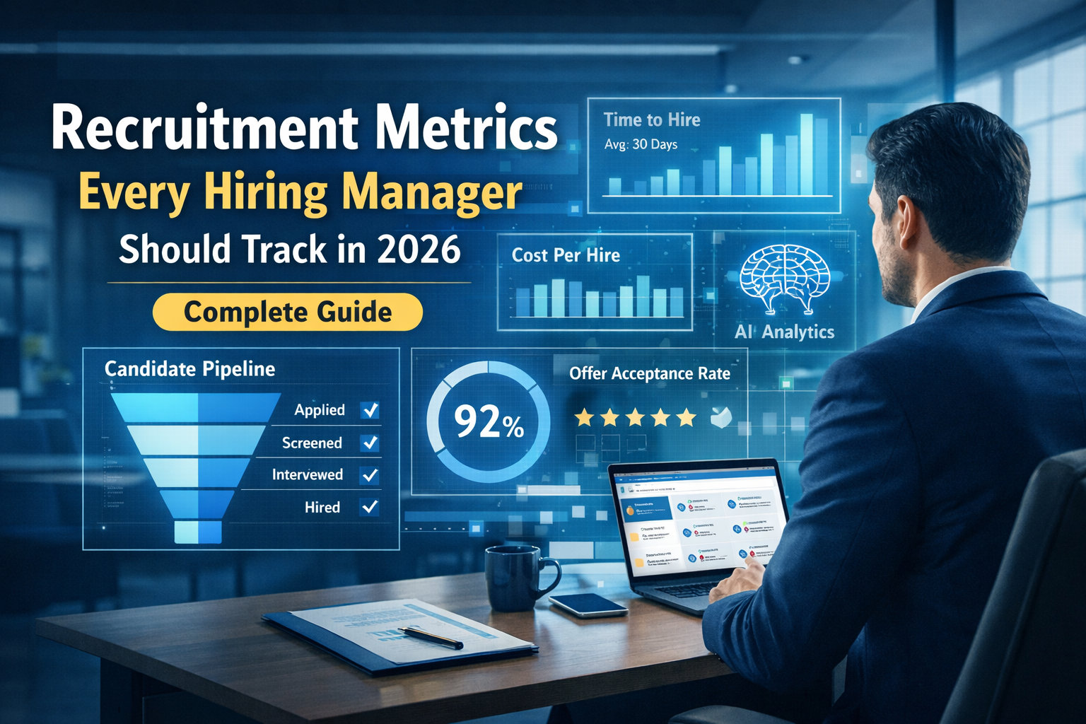 Hiring manager analyzing recruitment metrics dashboard including time to hire, cost per hire, and candidate pipeline in a modern office