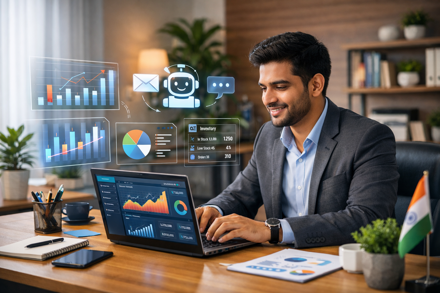 Indian small business owner using AI dashboard with analytics, chatbot and inventory management tools in modern office
