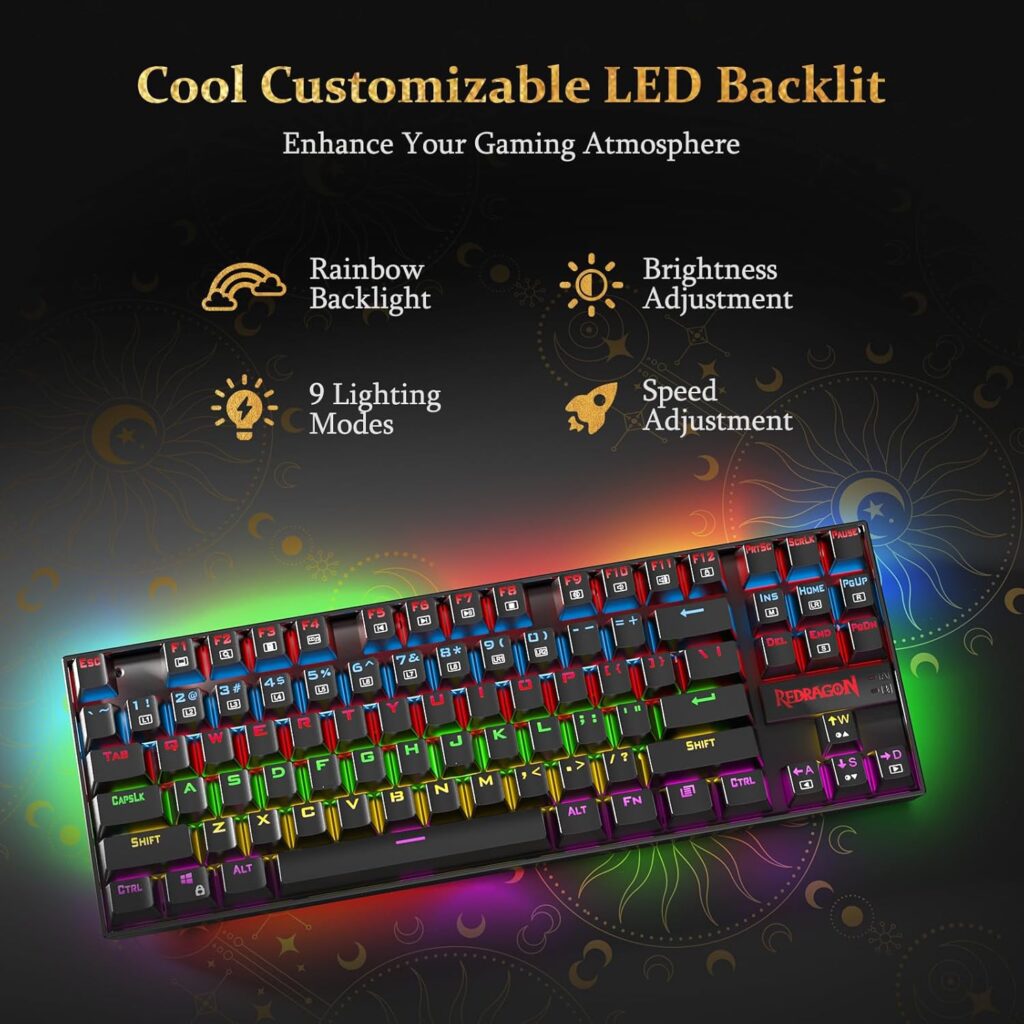 RGB mechanical keyboard with rainbow backlighting and Redragon branding, highlighting features like 9 lighting modes, brightness adjustment, and speed control on a dark decorative background.