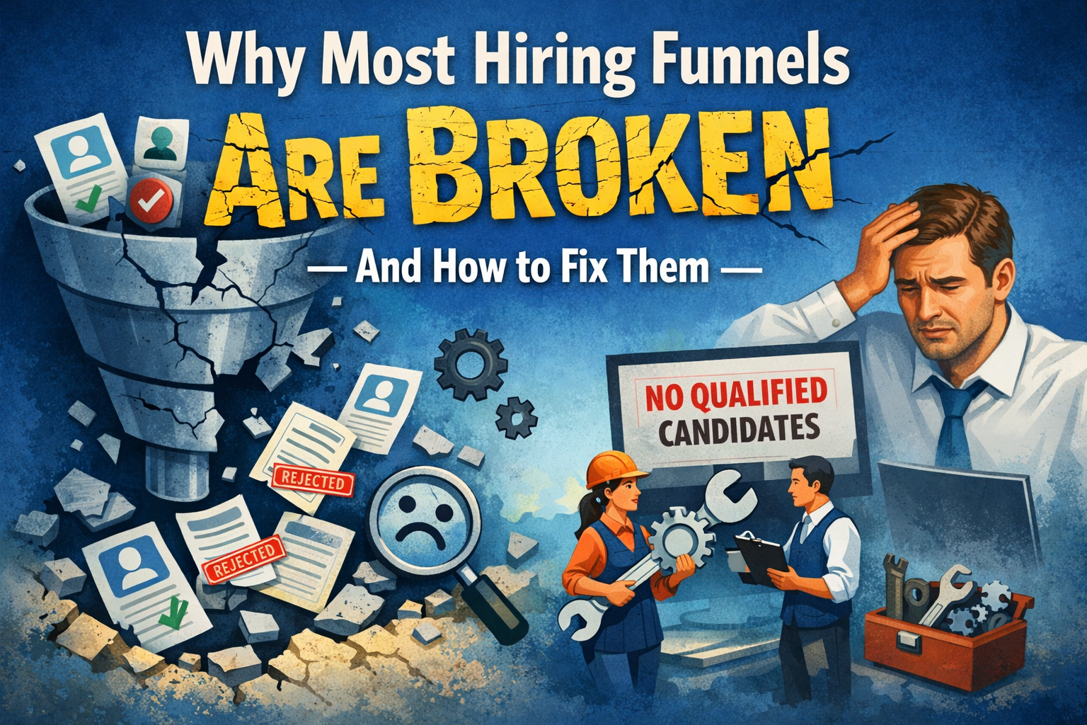 The design captures the cracked funnel spilling rejected resumes, a stressed hiring manager, and a repair team working to fix the system. It’s bold, clear, and perfect for sparking conversation around recruitment challenges and solutions.