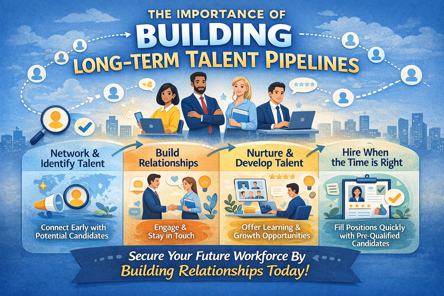 Infographic showing the importance of building long-term talent pipelines with steps like networking with candidates, building relationships, nurturing talent, and hiring when the right opportunity arises.