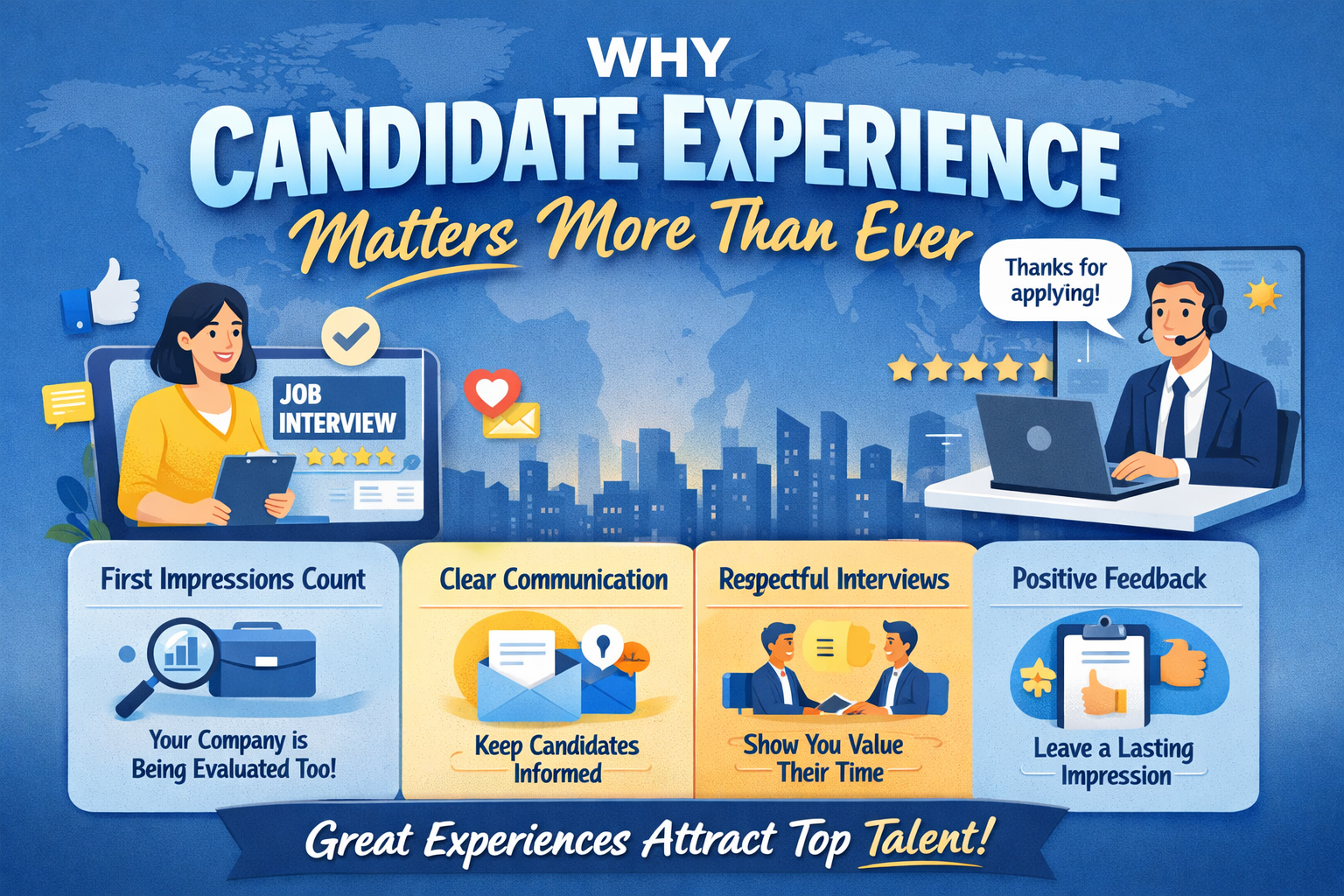 Candidate experience infographic showing recruitment best practices including clear communication, respectful interviews, feedback, and first impressions in the hiring process.