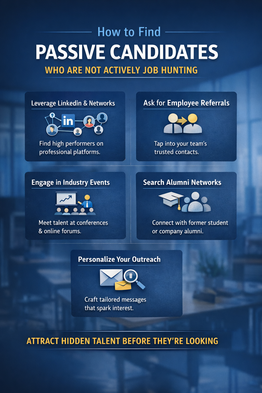 Infographic showing strategies to find passive candidates including LinkedIn sourcing, employee referrals, industry events, alumni networks, and personalized outreach.