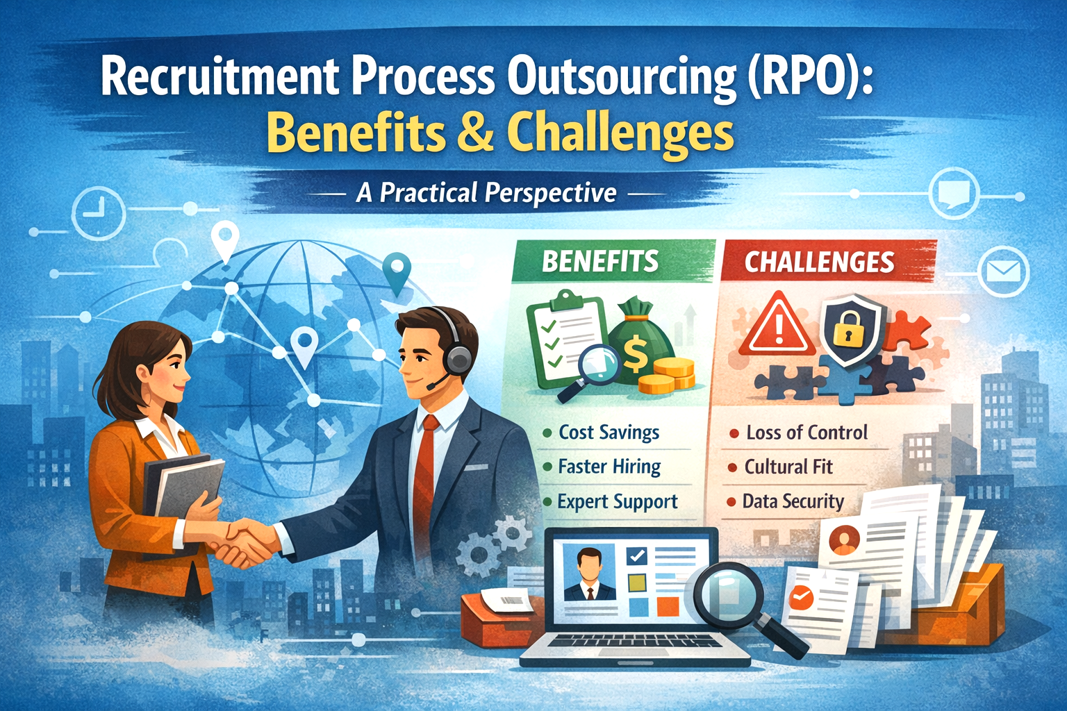 Recruitment Process Outsourcing RPO benefits and challenges illustration showing recruiters collaborating with hiring process icons and global talent network.