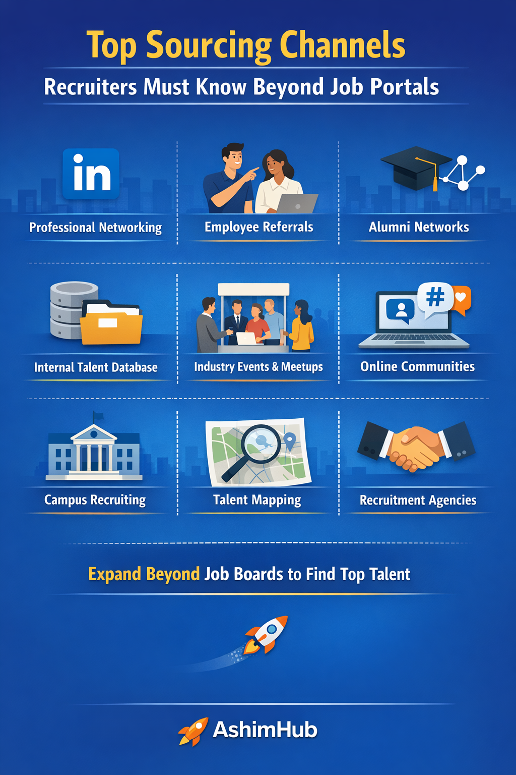 Infographic showing top recruitment sourcing channels beyond job portals including LinkedIn, employee referrals, alumni networks, internal databases, industry events, online communities, campus hiring, talent mapping, and recruitment agencies.