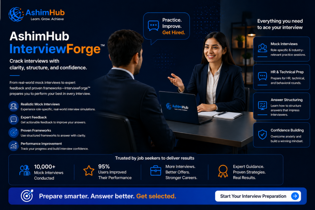 “AshimHub InterviewForge mock interview session with structured preparation, confidence building, and real-world interview practice for job seekers”