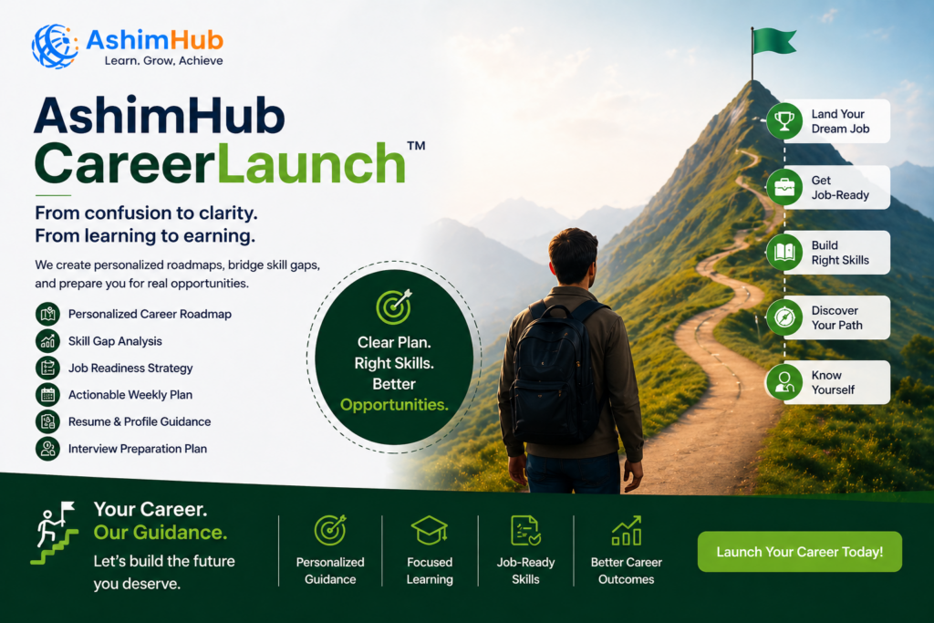 “AshimHub CareerLaunch showing a career growth journey roadmap with personalized planning, skill development, and job readiness guidance for professionals”