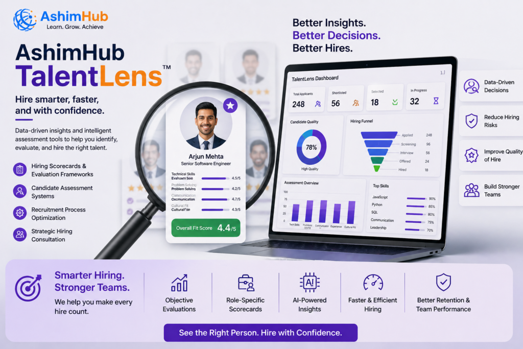 “AshimHub TalentLens hiring dashboard showing candidate evaluation, scorecards, and data-driven recruitment insights for smarter hiring decisions”