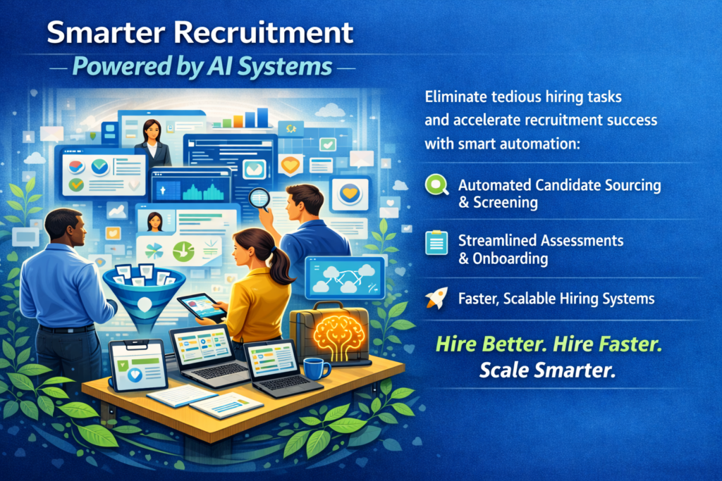 A digital illustration showing recruiters using AI‑powered tools for candidate sourcing, screening, and onboarding, with holographic screens and analytics visuals on a blue background.