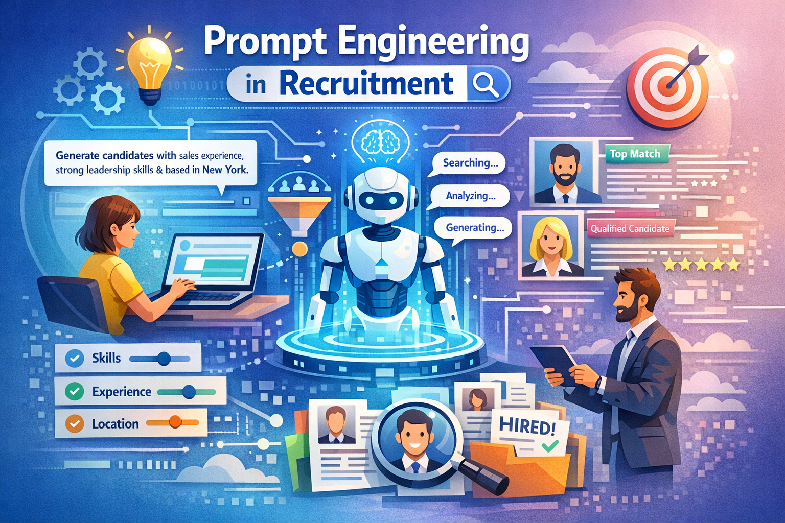 A recruiter using AI tools to screen candidates, design interviews, and optimize hiring decisions through structured prompts.