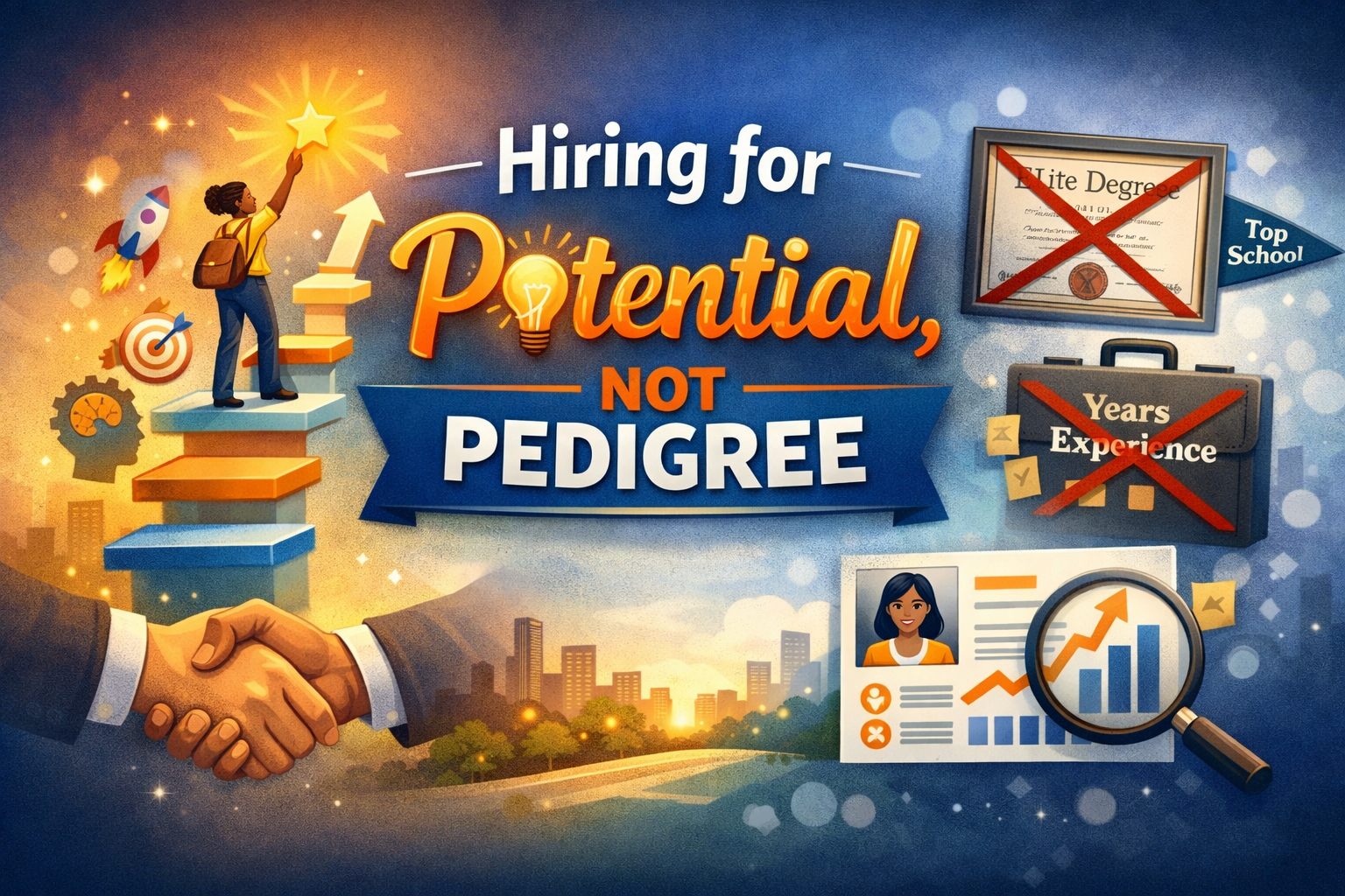 A diverse candidate climbs glowing platforms toward a star under the phrase “Hiring for Potential, Not Pedigree,” while traditional credentials like degrees and years of experience fade away.