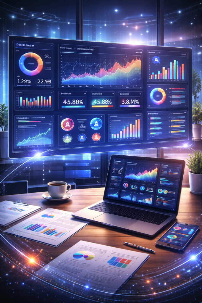 Advanced Dashboard Analytics with KPI Insights Futuristic dashboard analytics with charts, graphs, and KPI metrics displayed on digital screens in a modern workspace