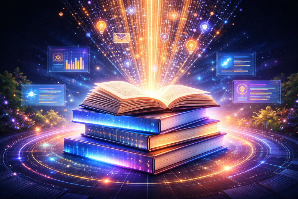 Home Glowing Books And Digital Data Streams 1024x683