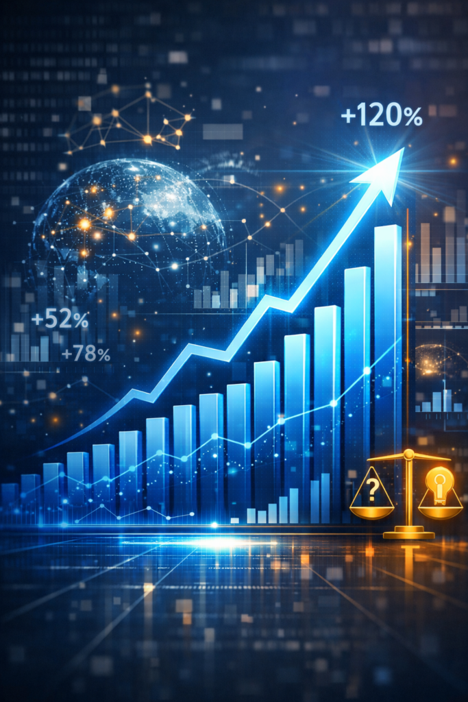 Portrait illustration of a glowing digital growth chart with an ascending arrow and blue bars, set against a futuristic background with data points and a world map.
