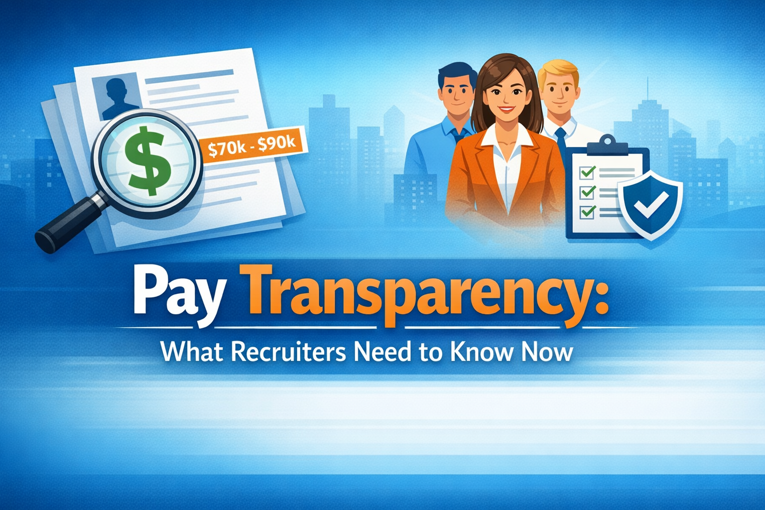 Illustration showing recruiters and salary transparency visuals with headline “Pay Transparency: What Recruiters Need to Know Now” on a blue gradient background.