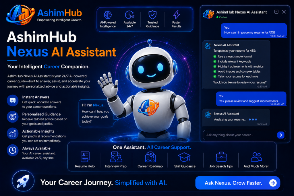 AshimHub Nexus AI Assistant – Your Intelligent Career Companion Futuristic dark blue promotional banner for AshimHub Nexus AI Assistant featuring a friendly AI robot, glowing neon interface, career guidance chat dashboard, and AI-powered career support tools for resume help, interview preparation, and job search assistance.