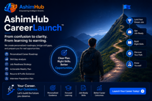 AshimHub CareerLaunch – From Learning to Earning Dark blue futuristic promotional banner for AshimHub CareerLaunch featuring a professional career growth journey concept with a mountain pathway, glowing roadmap elements, career guidance icons, and personalized career development solutions.
