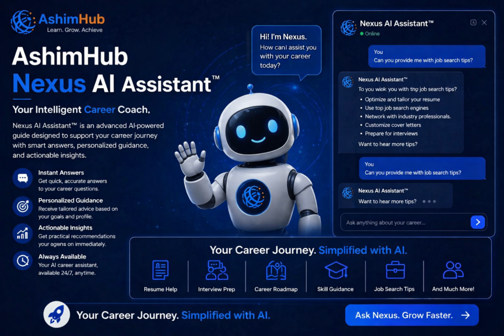 A futuristic promotional graphic featuring AshimHub’s Nexus AI Assistant, a friendly white-and-blue robot waving beside a chat interface. The design uses a dark blue background with glowing accents, highlighting career support features like resume help, interview prep, and skill guidance.