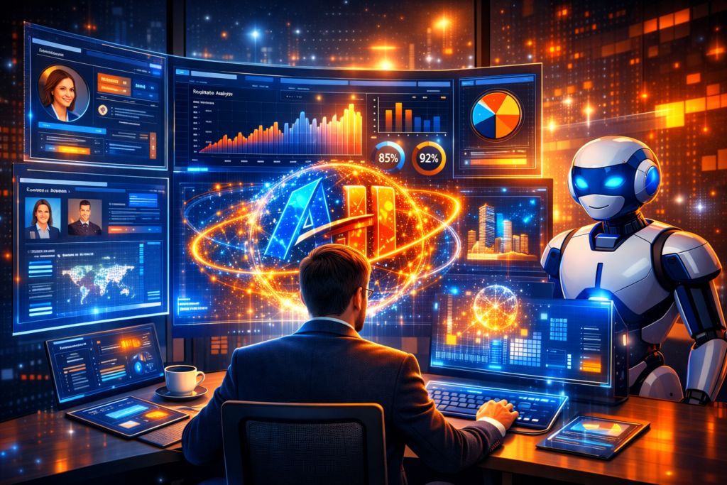 Recruiter seated at a futuristic desk surrounded by holographic dashboards and an AI assistant robot, analyzing candidate profiles, performance analytics, and career insights in a glowing blue‑orange workspace symbolizing human‑AI collaboration.
